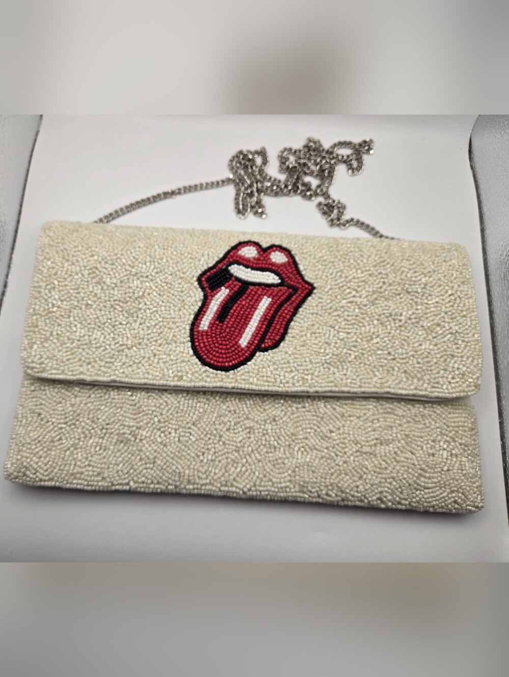 Beaded Cream Crossbody Clutch Red Tongue Rolling Stones Rocker Chic Retro Music